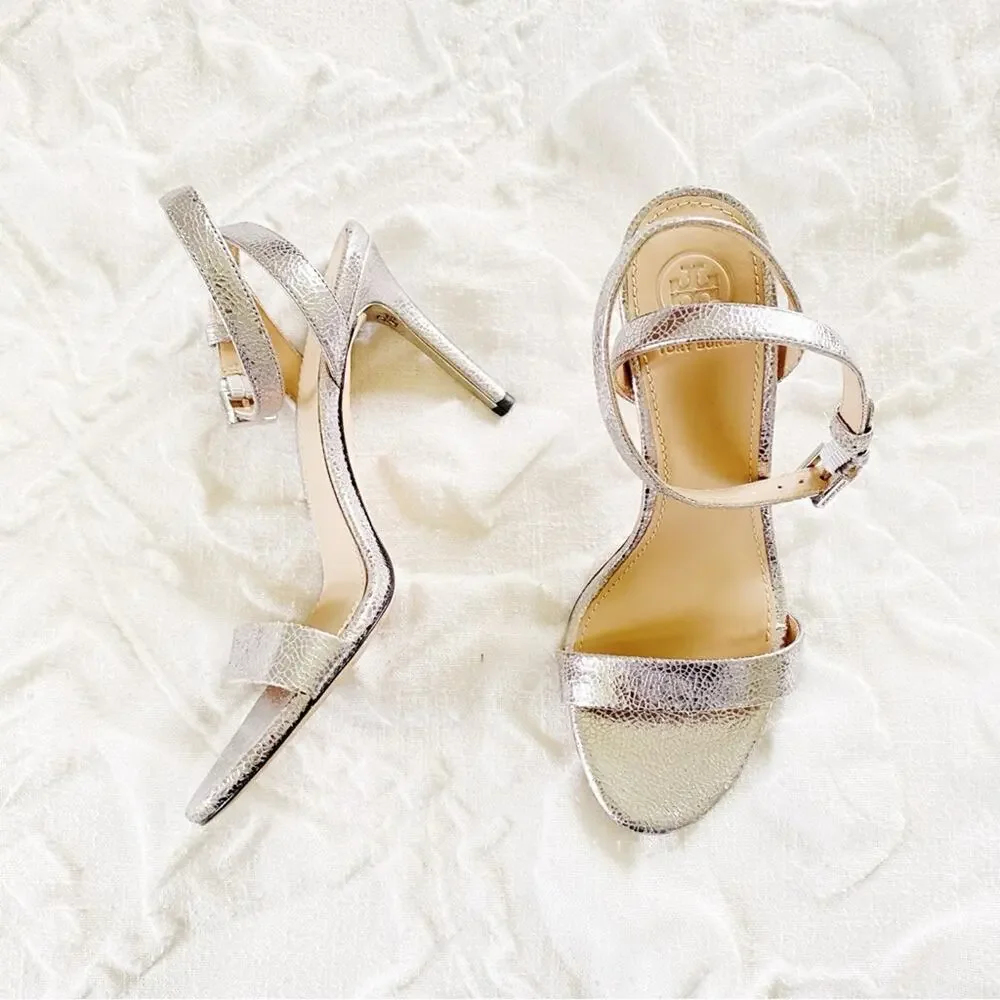 Tory Burch Elana Silver AnkleWrap Heels Size 5.5